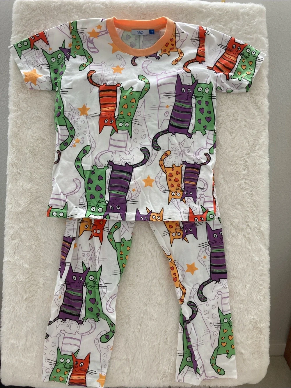 SALE! Kids Cat-Print Pajama Set in White with Green, Purple & Orange Size 12